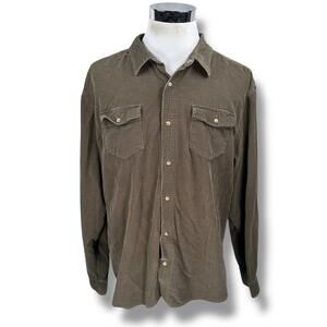 Prana Corduroy Shirt Mens XL Olive Green Cotton Long Sleeve Pearl Snap Button-Up
